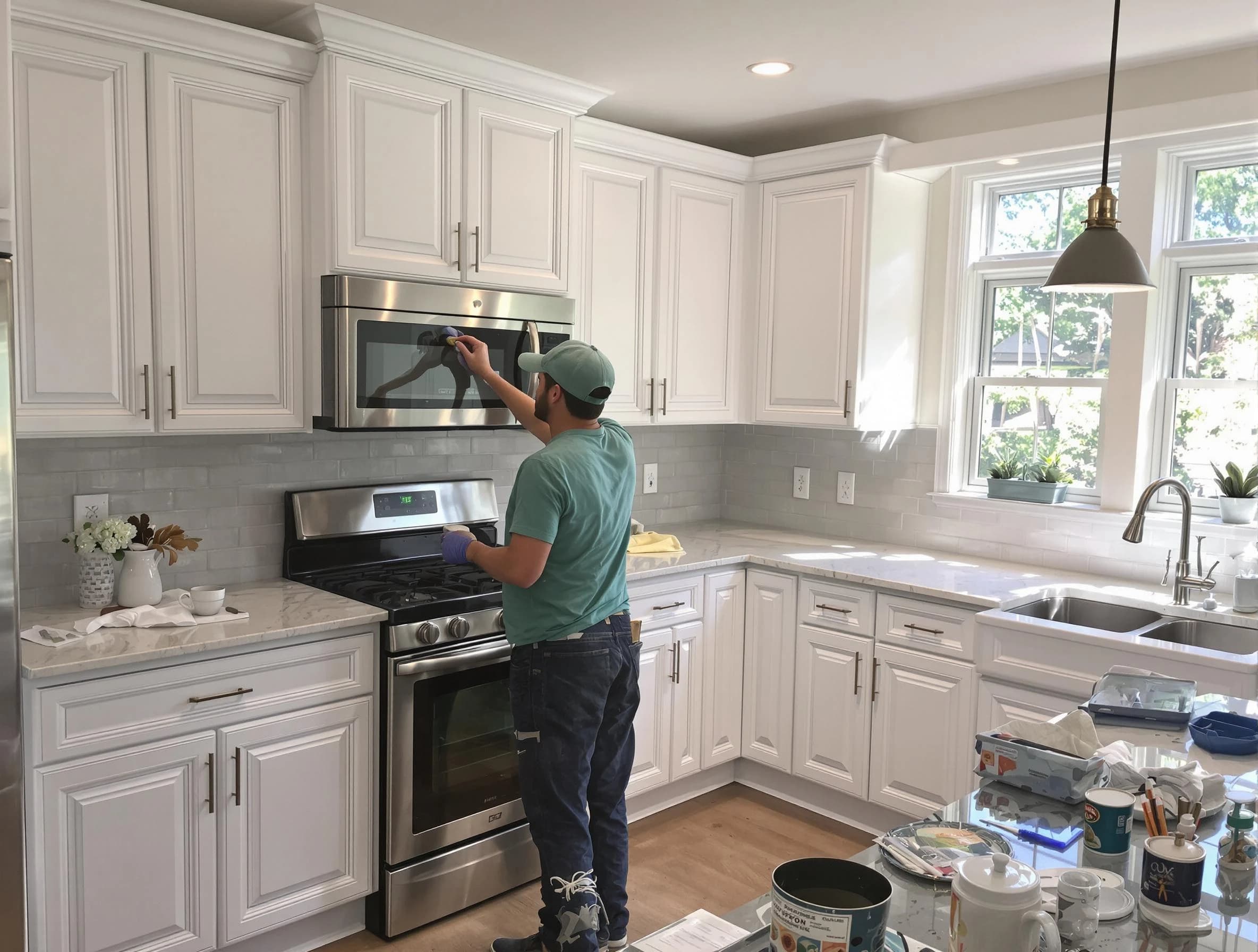Kitchen cabinets being refinished by Tempe House Painters in Tempe, AZ
