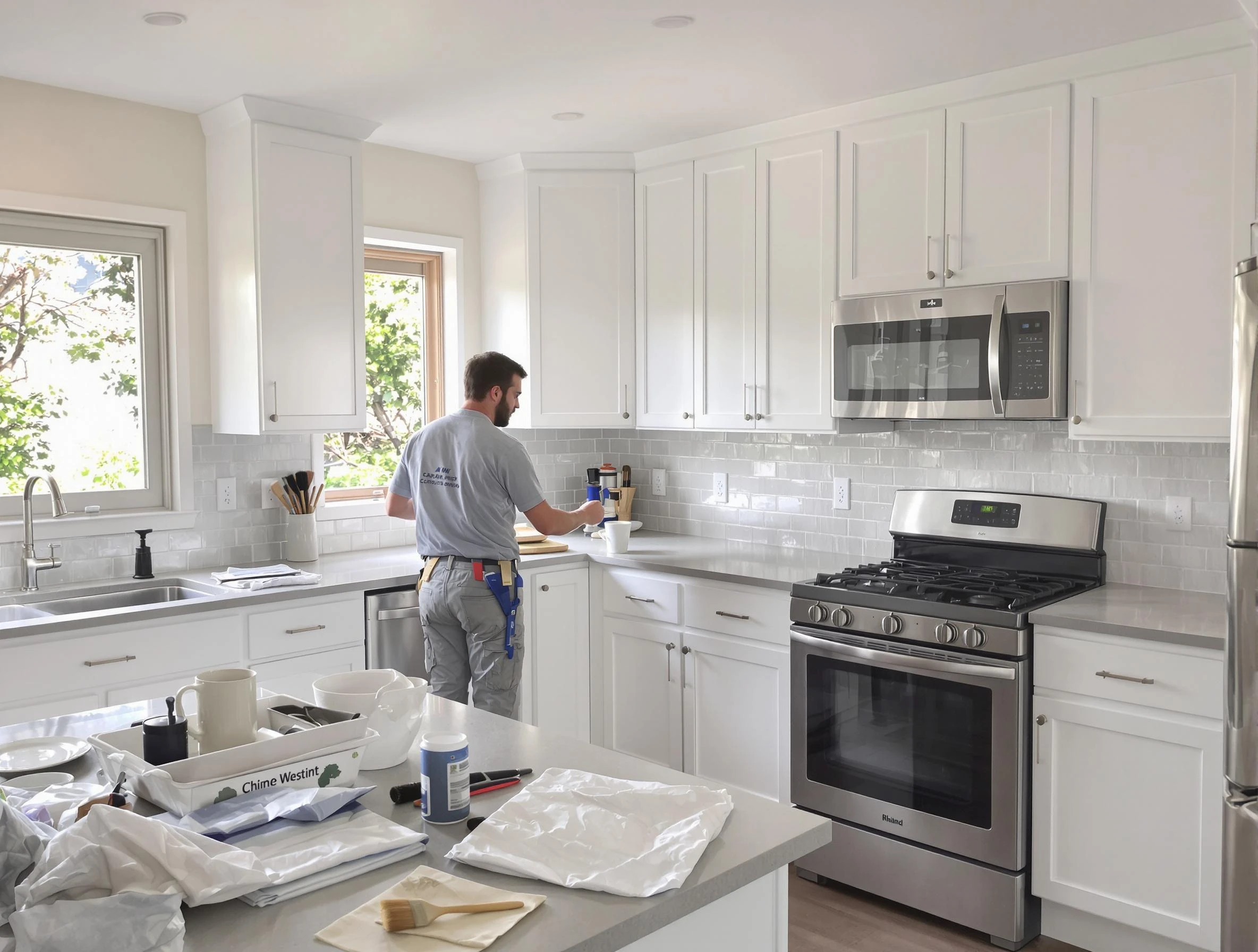 Tempe House Painters applying fresh paint on kitchen cabinets in Tempe