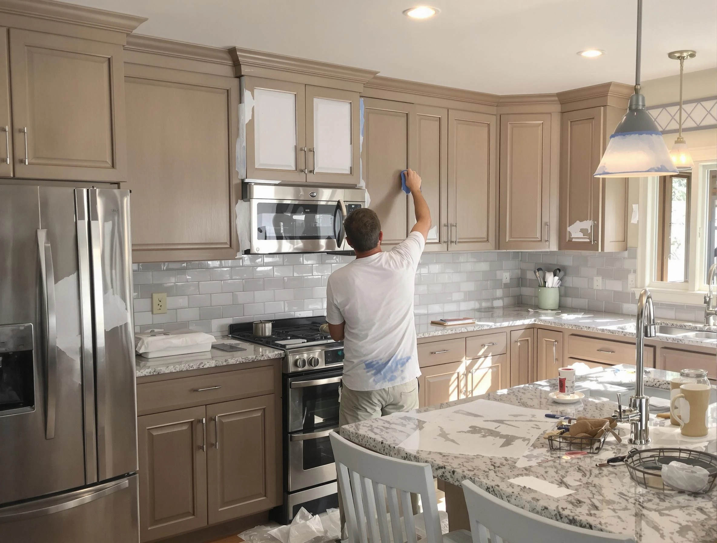 Before-and-after view of kitchen painting by Tempe House Painters in Tempe